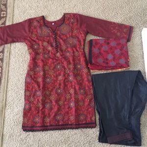 3 piece Red floral Salwar kameez